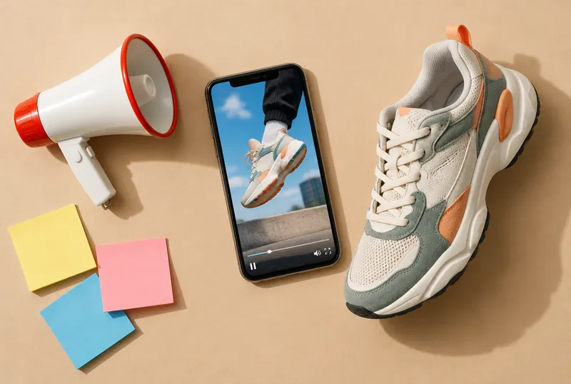 Smartphone showing a vertical video ad next to a sneaker and a small megaphone