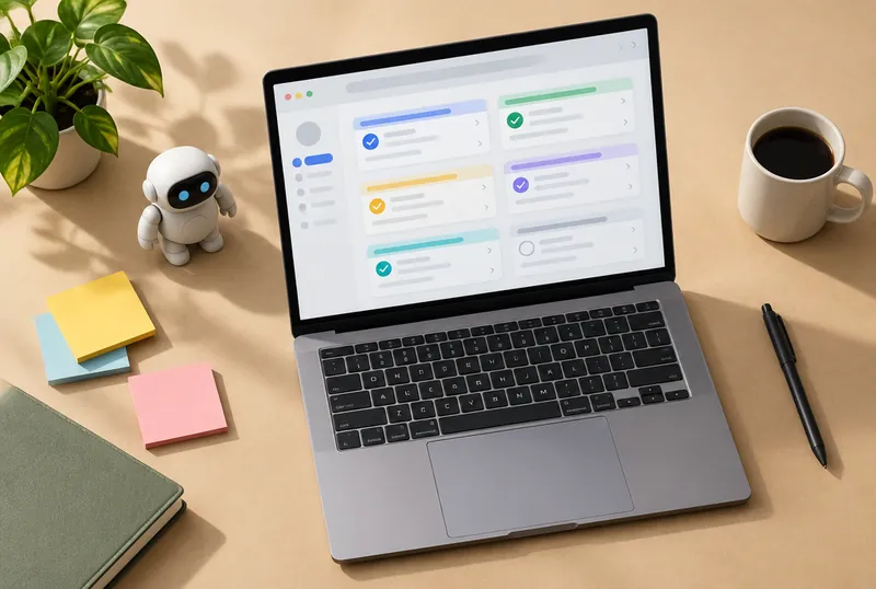 Laptop with an automated task checklist next to a small robot figurine