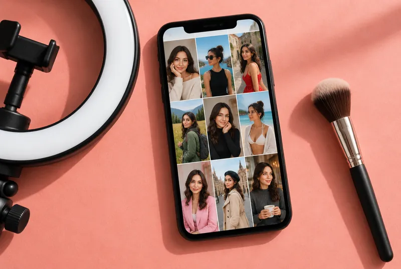 Smartphone showing a grid of portraits of the same fictional virtual influencer next to a ring light