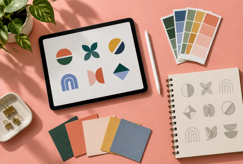 Tablet with abstract logo designs next to color swatches and a sketchbook