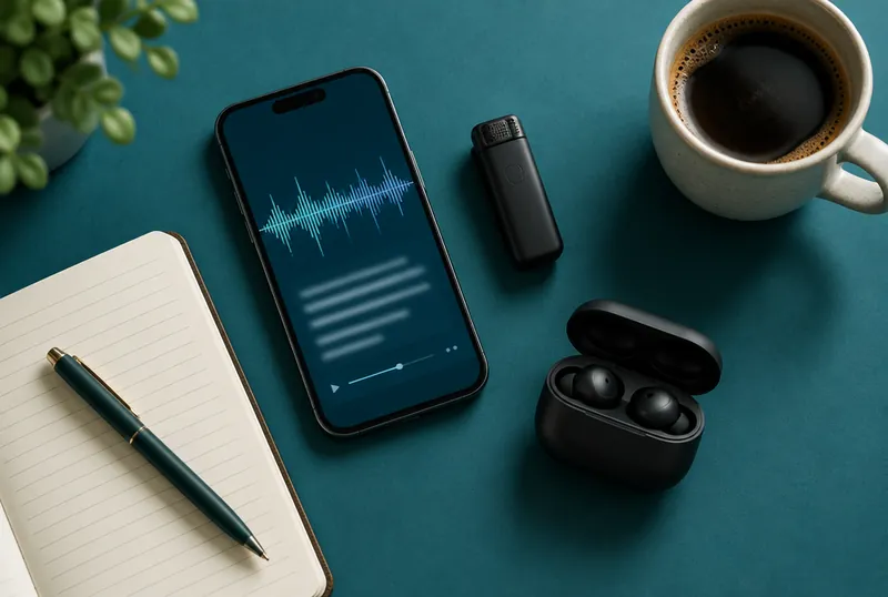 Smartphone recording a meeting, a clip-on voice recorder, a notebook and earbuds on a teal background