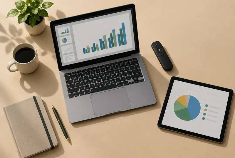Laptop showing presentation slides next to a clicker and a tablet with a chart