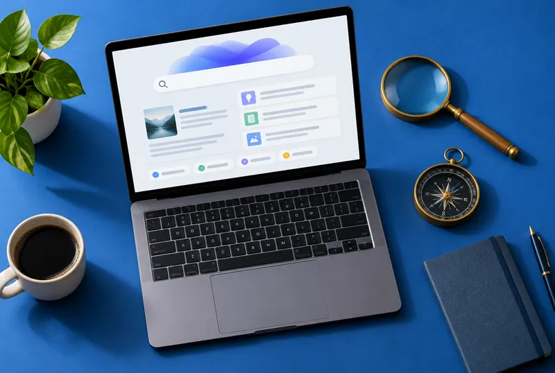 Laptop with an AI search page next to a magnifying glass and compass