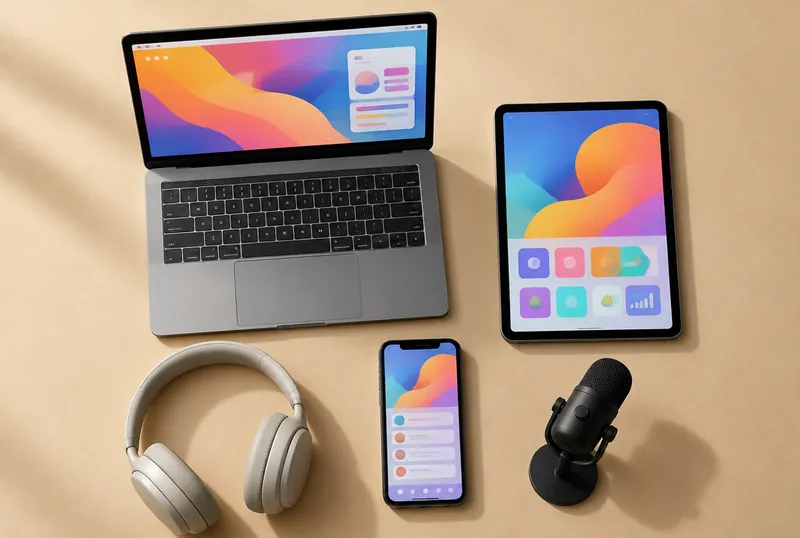Laptop, phone, tablet, headphones and microphone with AI apps on screen