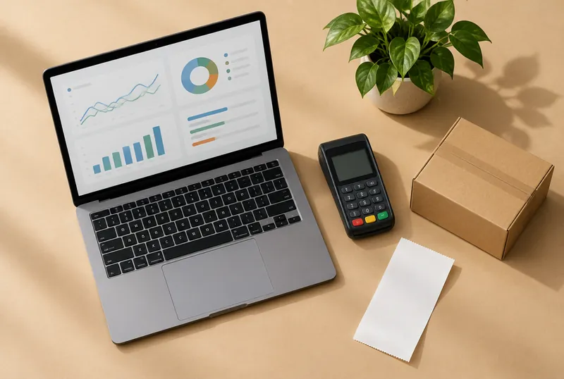 Laptop with a business dashboard, a card reader and a shipping box