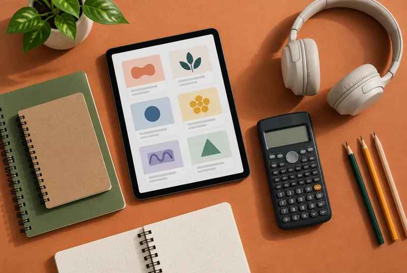 Tablet with flashcards, a calculator, notebooks and headphones