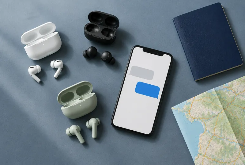 Wireless earbuds with cases, a phone with speech bubbles and travel items