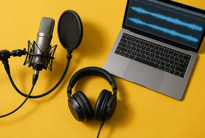 Studio microphone, headphones and a laptop showing an audio waveform