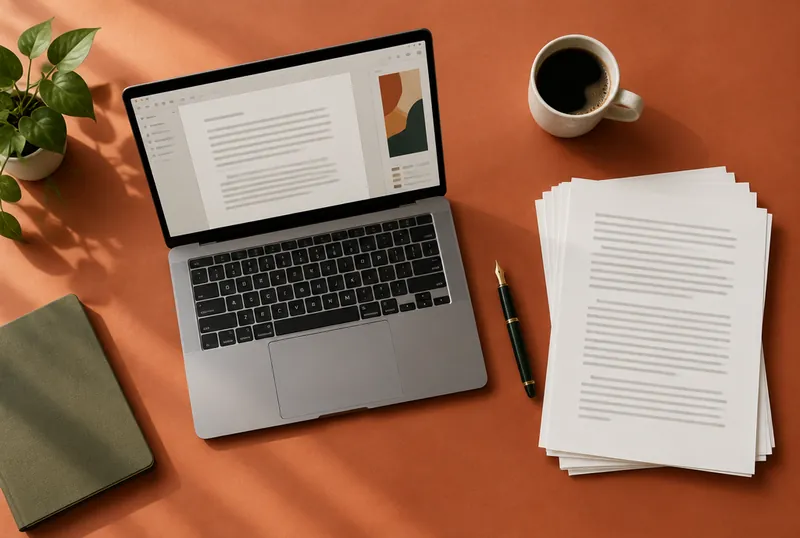 Laptop with a document editor, a fountain pen and manuscript pages