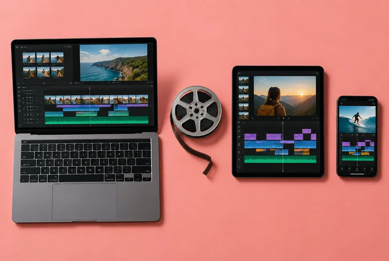 Laptop, tablet and smartphone side by side, each showing a different video editing timeline