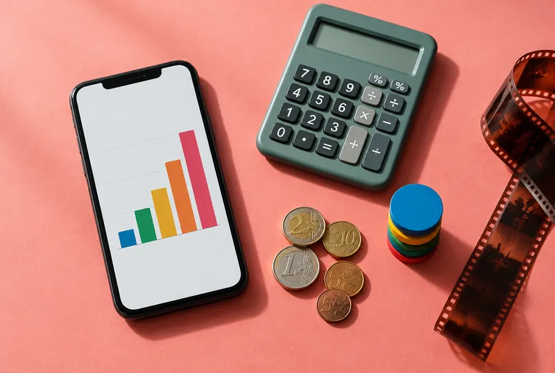 Smartphone with a bar chart next to a calculator, coins, tokens and a film strip