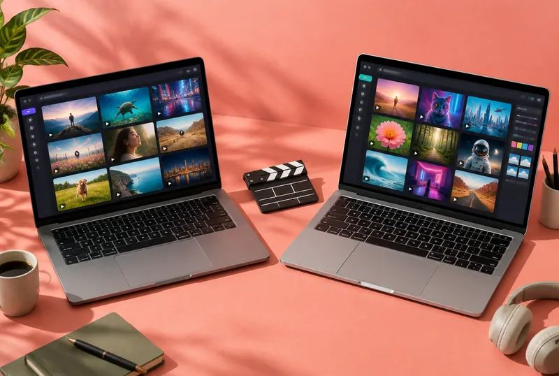 Two laptops side by side, each showing a different AI video generation interface