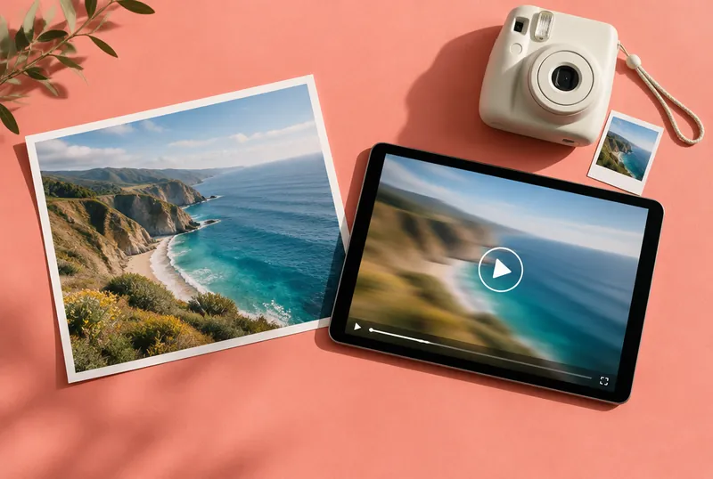 A printed photo next to a tablet playing the same scene as a video
