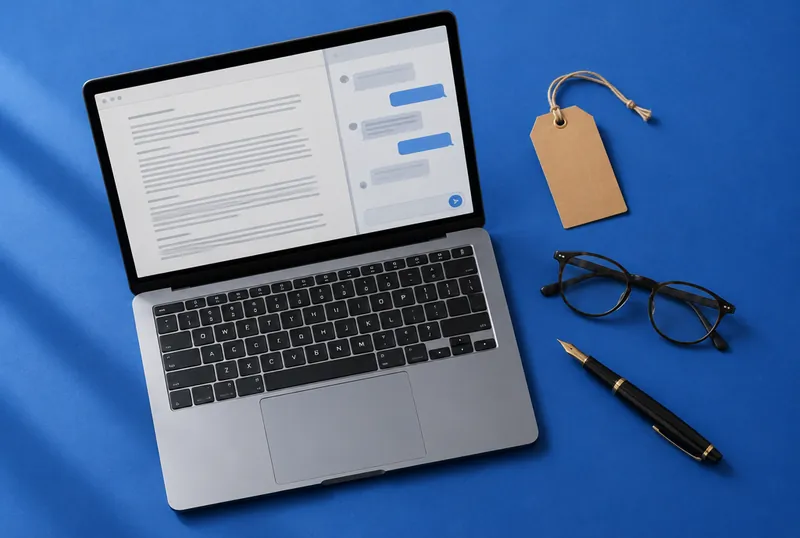 Laptop with a document and chat panel next to a blank price tag