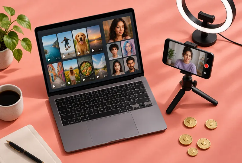 Laptop with a grid of AI-generated video clips next to a smartphone on a tripod and a ring light