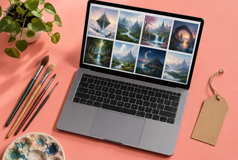 Laptop with a gallery of AI art next to paint brushes and a price tag
