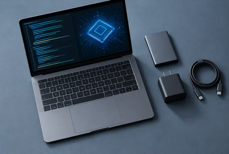 High-end laptop with a terminal on screen, an external SSD and a charger